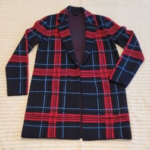 Dark Academia Plaid Open Front Long Cardigan Merino Wool Sweater XS